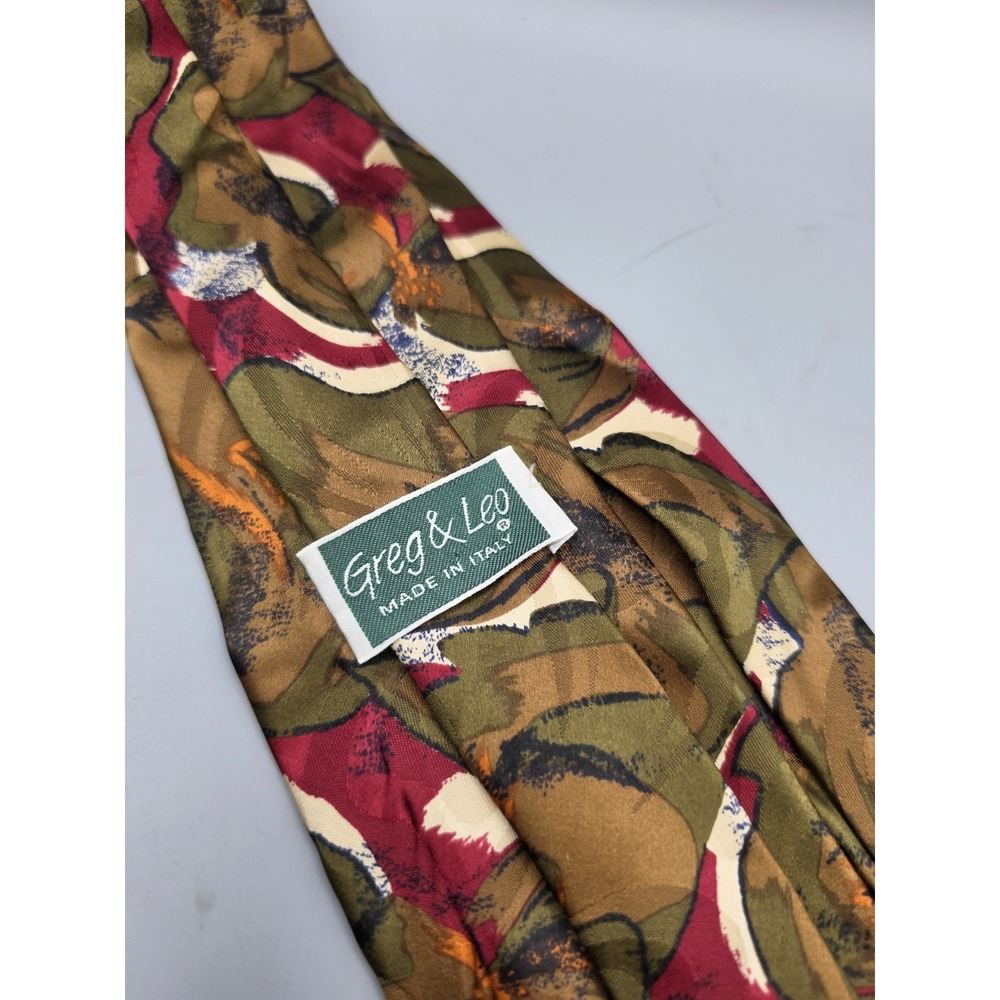 Greg & Leo Made in Italy Mens Tie Abstract Floral Olive Burgundy Brown Necktie - Picture 4 of 7
